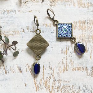 Hanging Earrings with Bead - Mosaic Islamic Pattern Blue