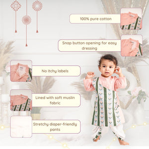 Baby Boy Pink and Green Printed Cotton  Angarkha Kurta with Dhoti Pant - Set of 2