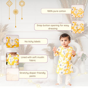 Baby Boy Yellow Printed Cotton Kurta with Pants - Set of 2