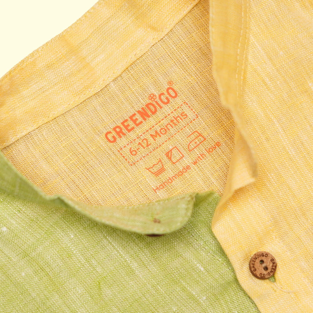 Baby Boy Colorblock Green and Yellow Linen Shirt with Shorts - Set of 2