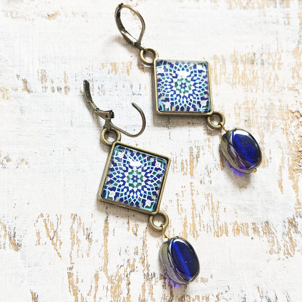 Hanging Earrings with Bead - Mosaic Islamic Pattern Blue