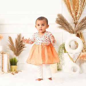 Baby Girl Orange Printed Cotton  Angarkha Kurta with Pant - Set of 2