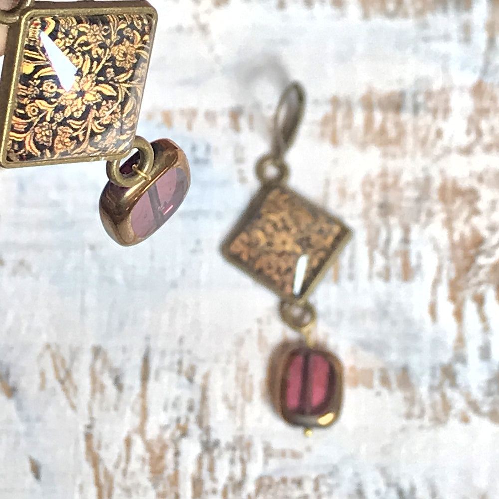 Hanging Earrings with Bead - Gold Leaf, Painted Medallion Kashmir