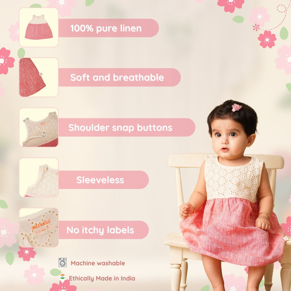 Baby Girl Off White and Red  Colorblock Linen Frock