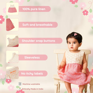 Baby Girl Off White and Red  Colorblock Linen Frock