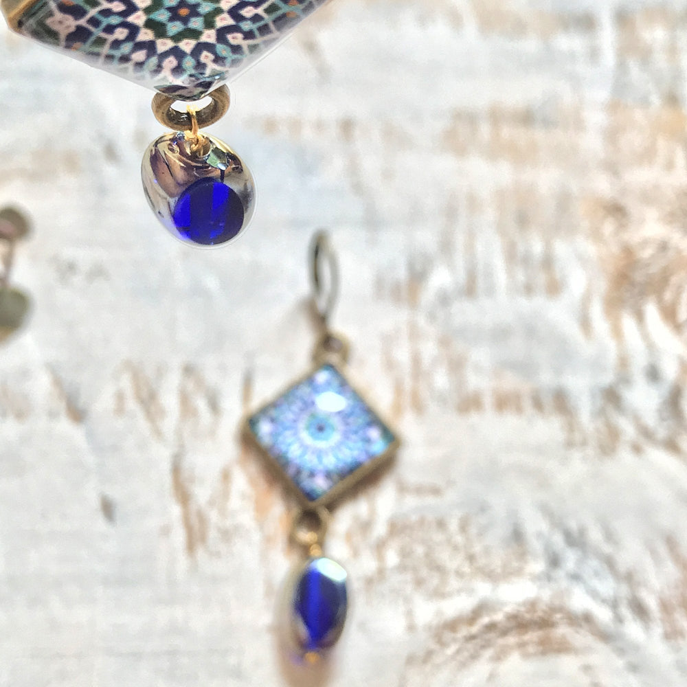 Hanging Earrings with Bead - Mosaic Islamic Pattern Blue