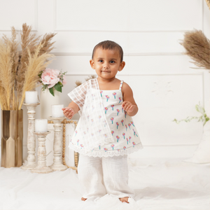 Baby Girl Off White Printed Cotton Kurta with Pallazo and Dupatta - Set of 3