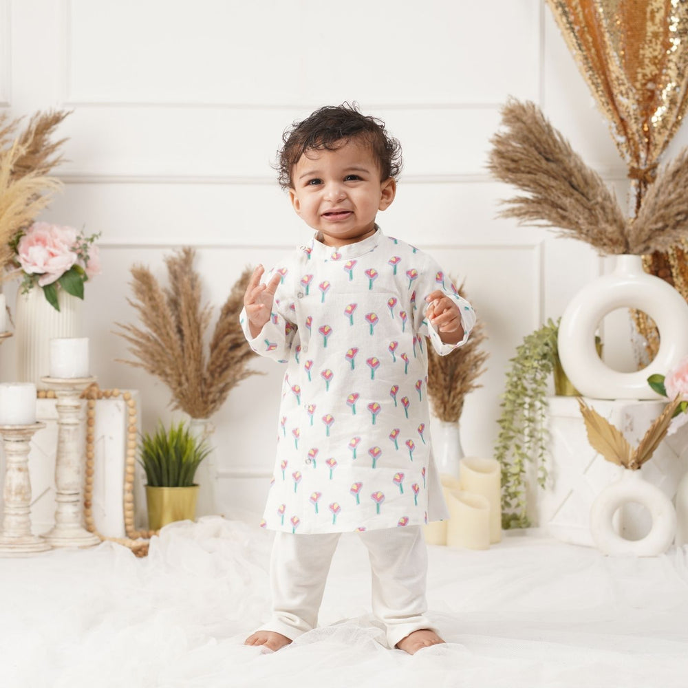 Baby Boy Off White Printed Cotton Kurta with Pants - Set of 2