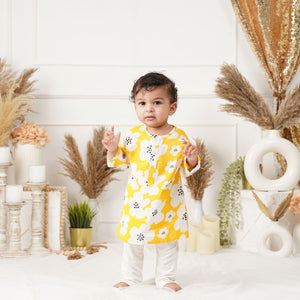 Baby Boy Yellow Printed Cotton Kurta with Pants - Set of 2