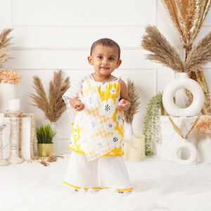 Baby Girl Yellow Printed Cotton Kurta with Pallazo and Dupatta - Set of 3