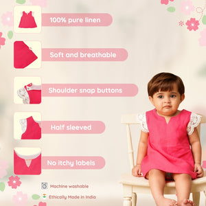 Baby Girl Pink Linen Frock with Lace