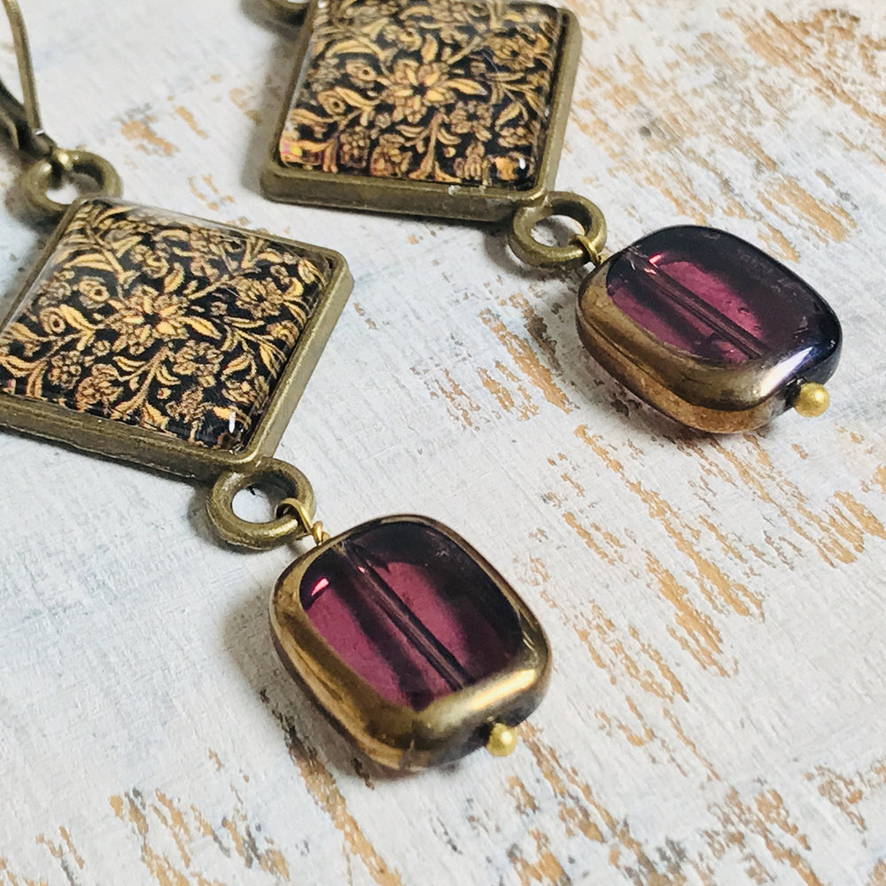 Hanging Earrings with Bead - Gold Leaf, Painted Medallion Kashmir