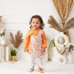 Baby Boy Orange Printed Cotton  Angarkha Kurta with Dhoti Pant - Set of 2