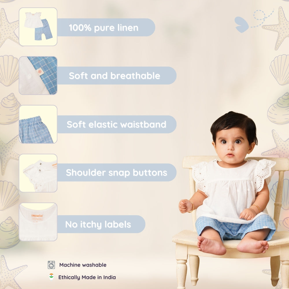 Baby Girl White  Cotton Top with Blue Linen Pants - Set of 2
