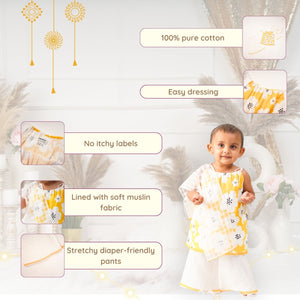 Baby Girl Yellow Printed Cotton Kurta with Pallazo and Dupatta - Set of 3