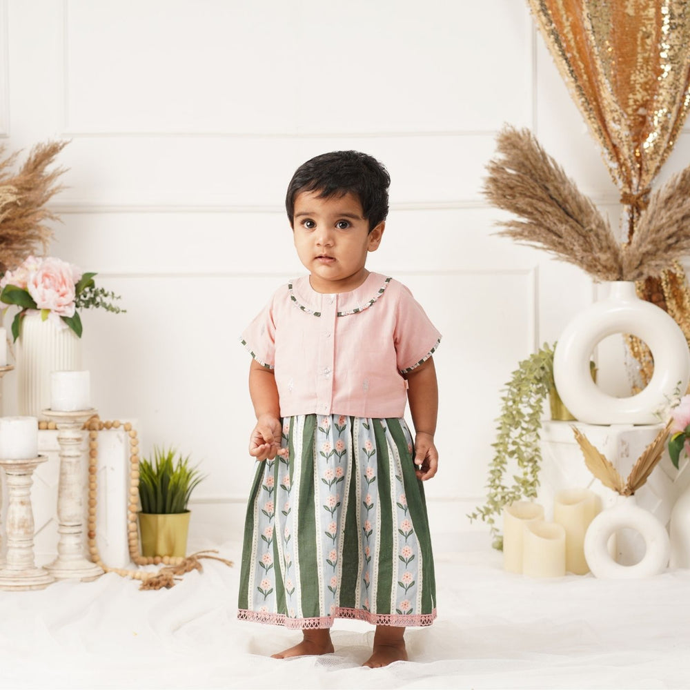 Baby Girl Pink and Green Printed Cotton Lehenga Choli - Set of 2