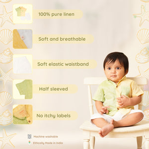 Baby Boy Colorblock Green and Yellow Linen Shirt with Shorts - Set of 2