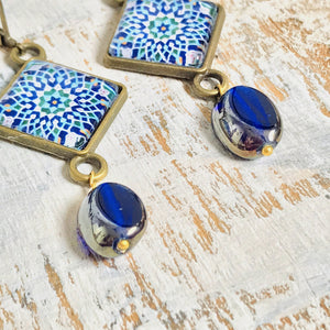 Hanging Earrings with Bead - Mosaic Islamic Pattern Blue