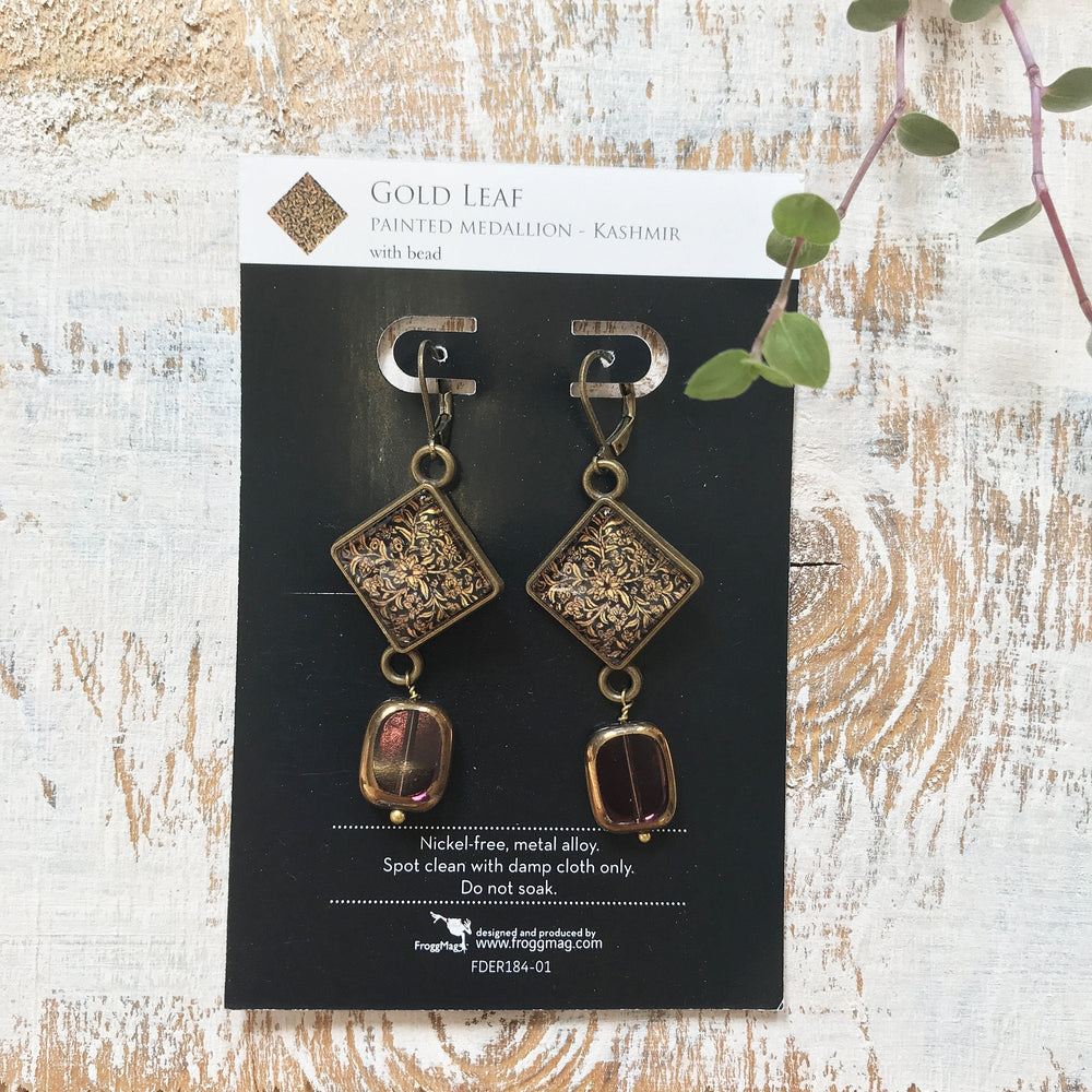 Hanging Earrings with Bead - Gold Leaf, Painted Medallion Kashmir