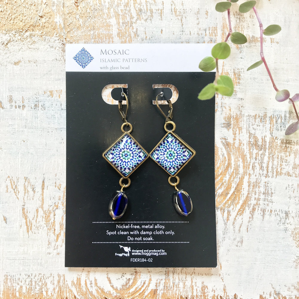 Hanging Earrings with Bead - Mosaic Islamic Pattern Blue