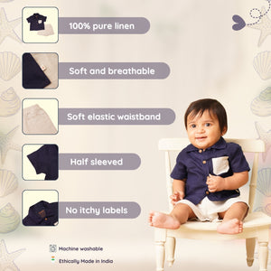 Baby Boy Navy Blue Linen Shirt & White Shorts - Set of 2