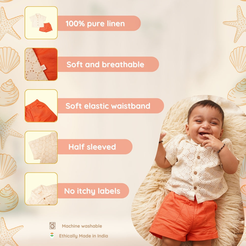 Baby Boy Off White Schiffli Shirt & Orange Shorts - Set of 2