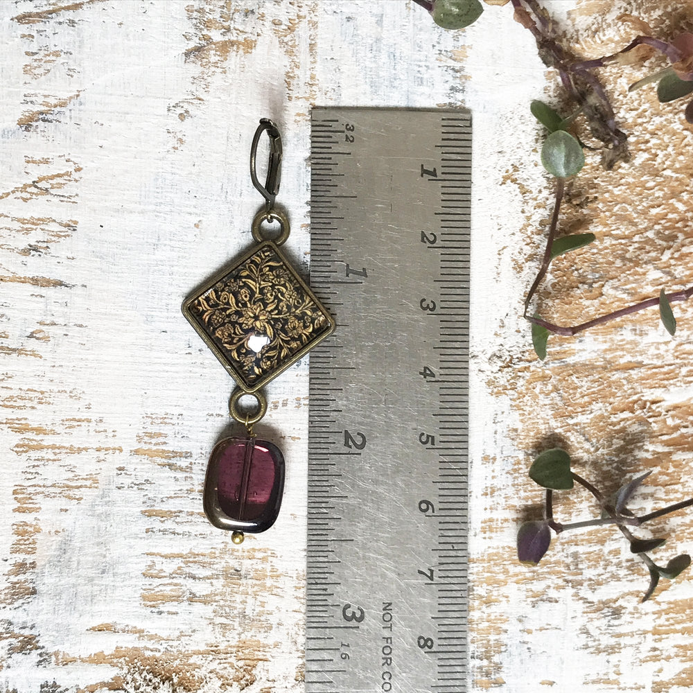 Hanging Earrings with Bead - Gold Leaf, Painted Medallion Kashmir