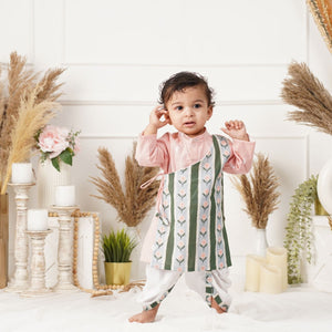 Baby Boy Pink and Green Printed Cotton  Angarkha Kurta with Dhoti Pant - Set of 2