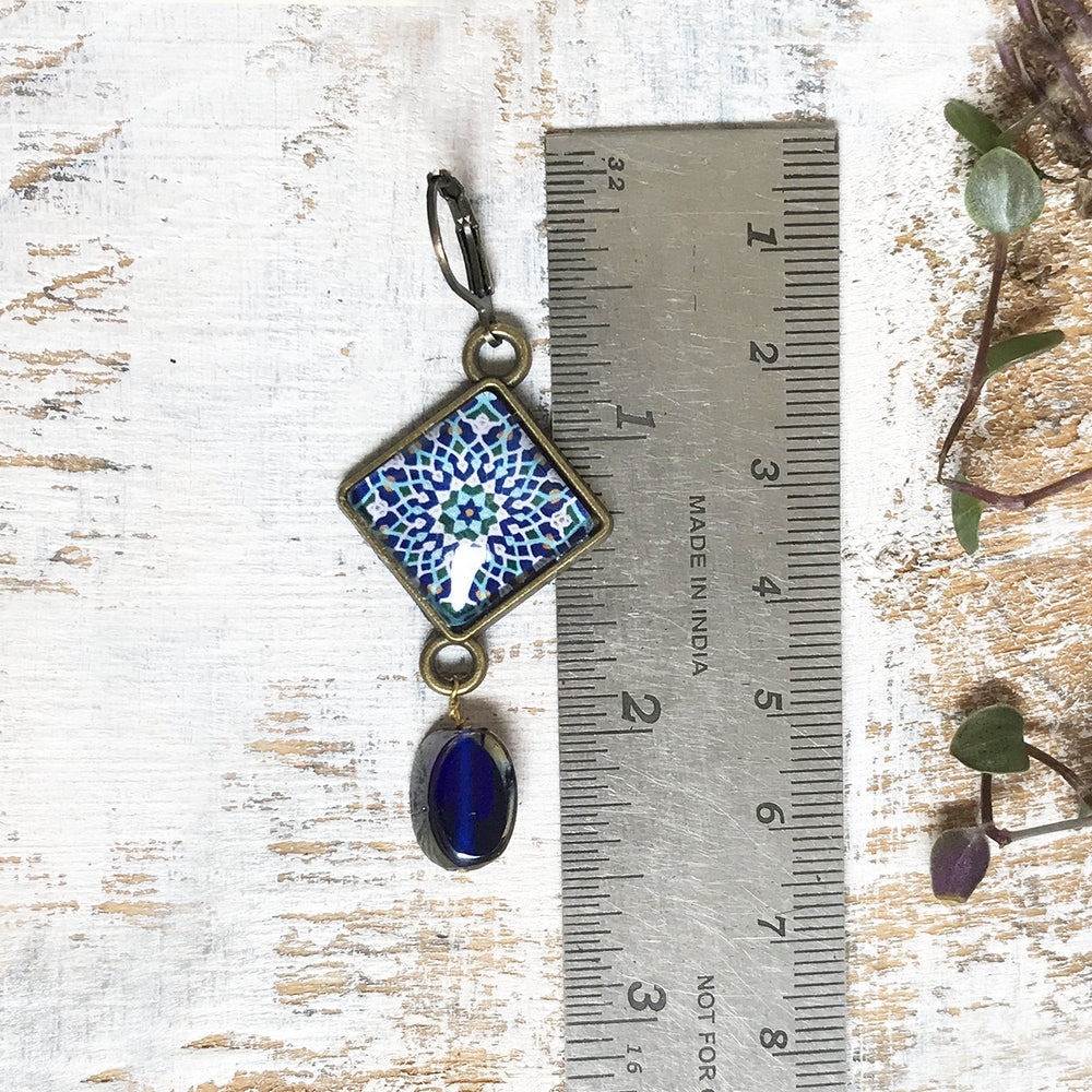 Hanging Earrings with Bead - Mosaic Islamic Pattern Blue