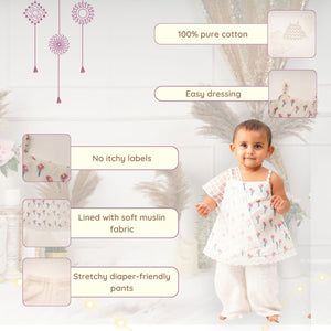 Baby Girl Off White Printed Cotton Kurta with Pallazo and Dupatta - Set of 3