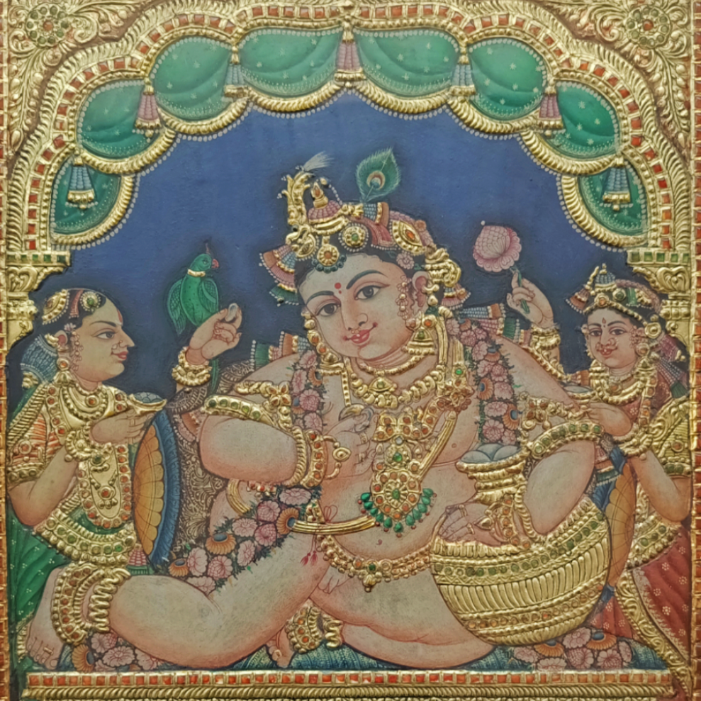 Tanjore Painting in 22 ct gold foil work - Navaneeta Krishna with Yashoda and Devaki