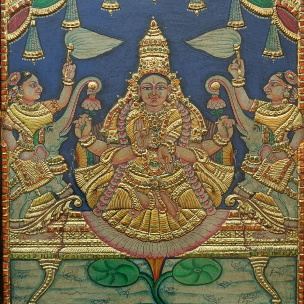 Tanjore Painting in 22 ct gold foil work - Gajalakshmi