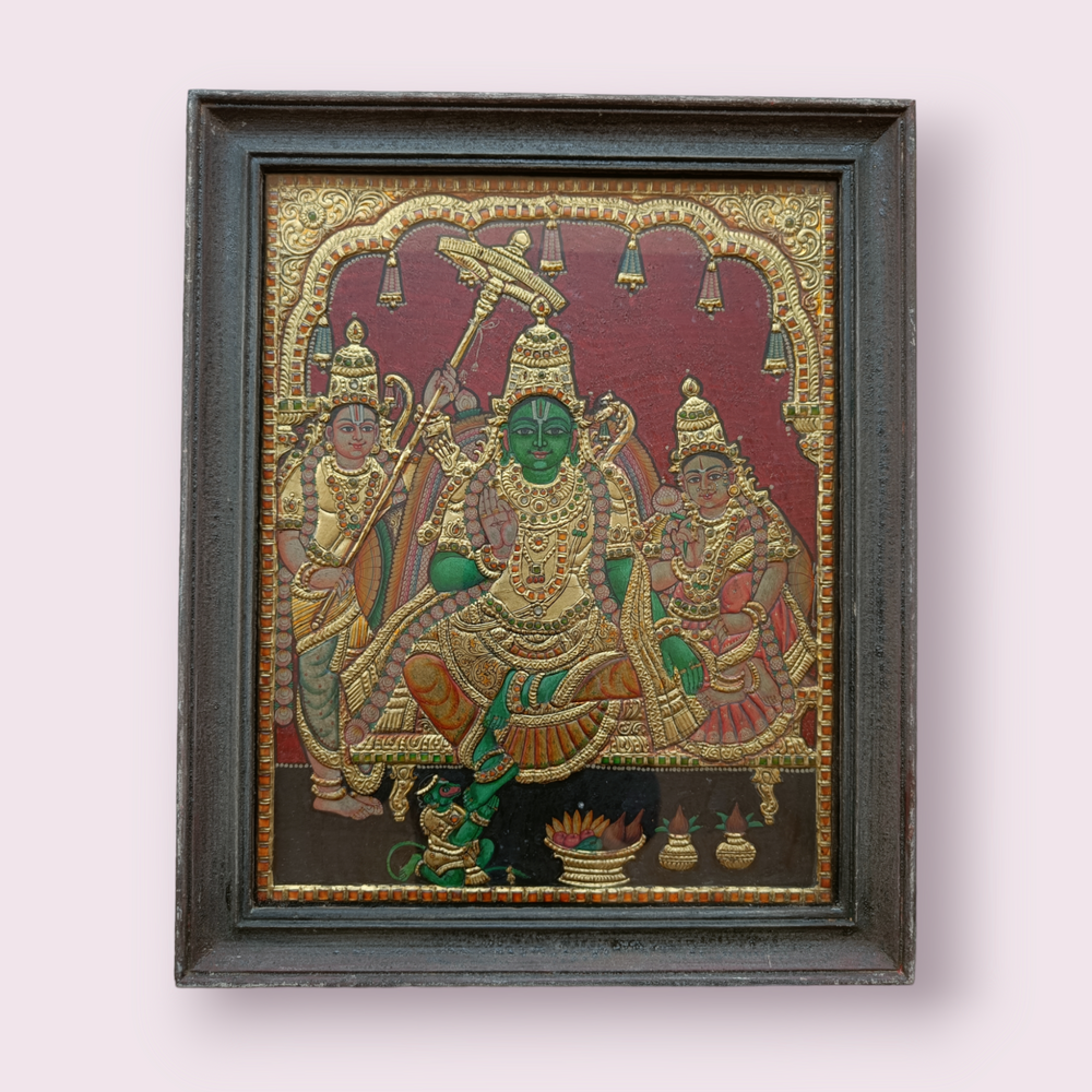 Tanjore Painting in 22 ct gold foil work - Lord Rama with Sita, Laxmana and Hanuman
