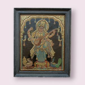Tanjore Painting in 22 ct gold foil work - Goddess Saraswati