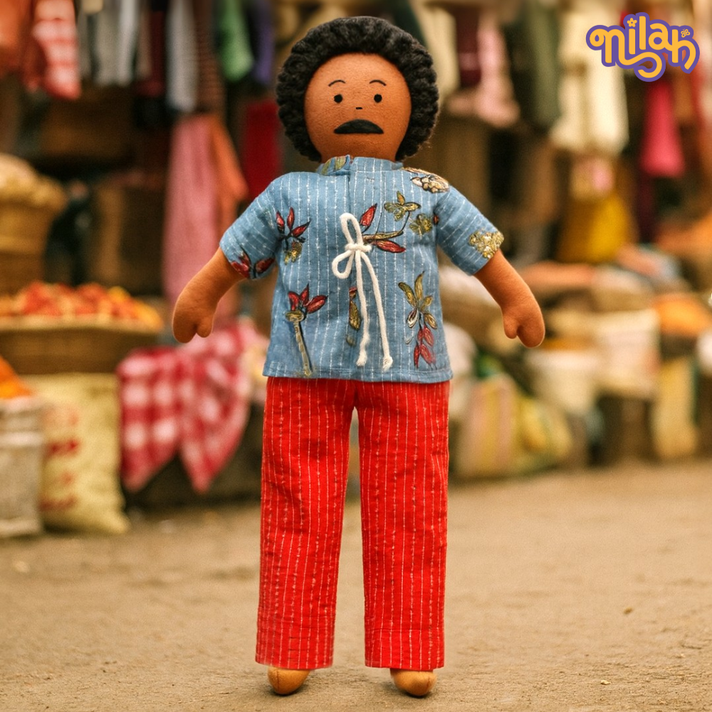 Single Doll - Nilah's Appa in Blue Shirt, Warm, Cotton Fabric Toy