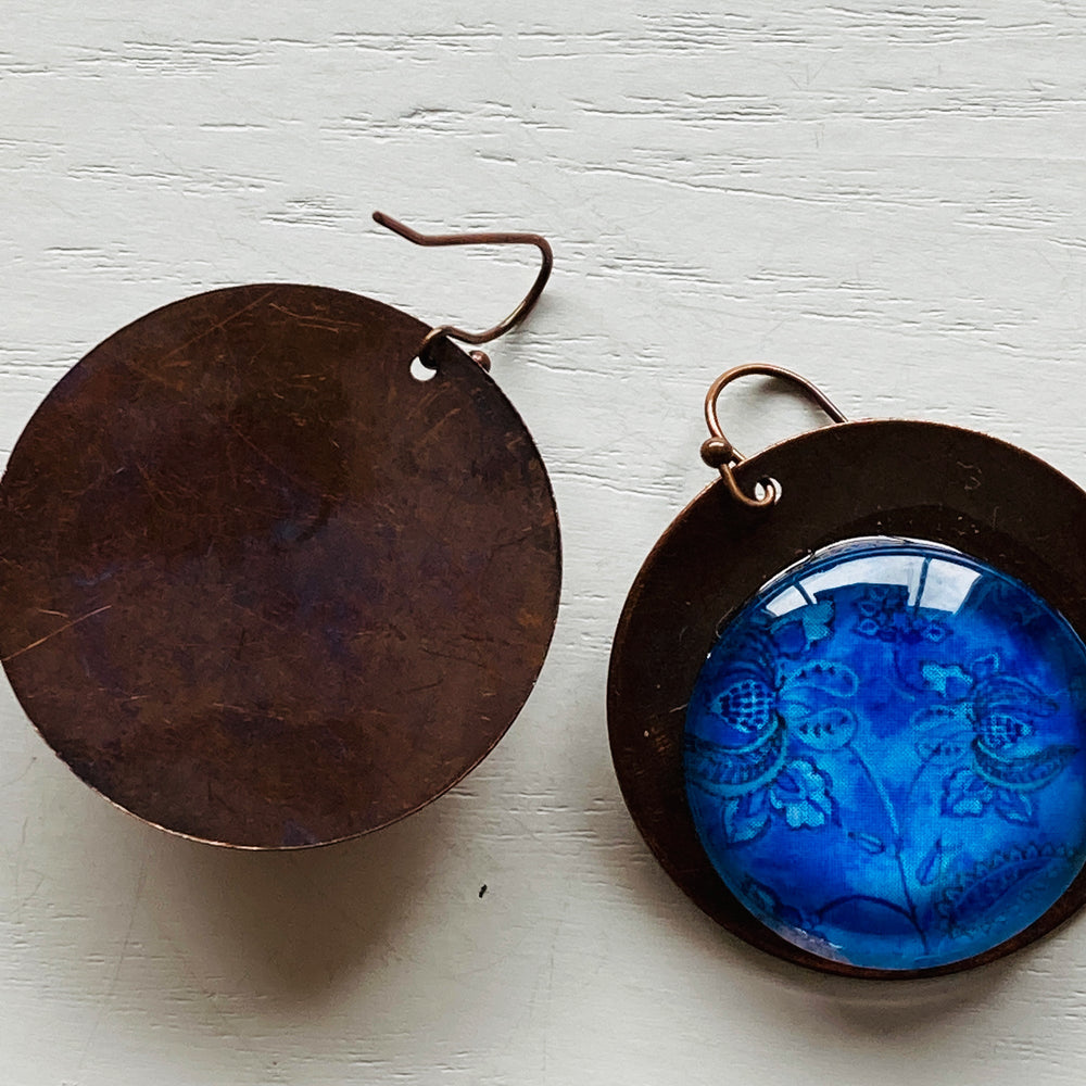 Round Copper Earrings with Glass - Mughal Flowers