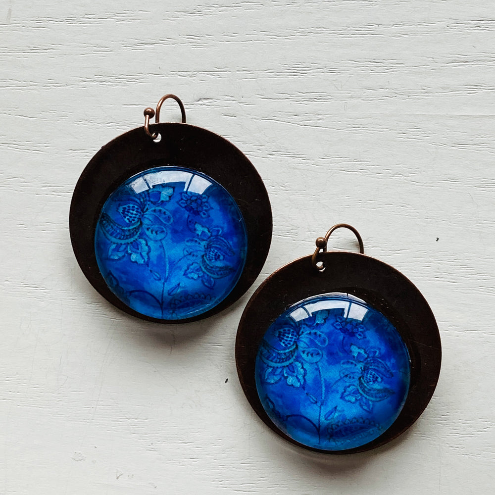 Round Copper Earrings with Glass - Mughal Flowers