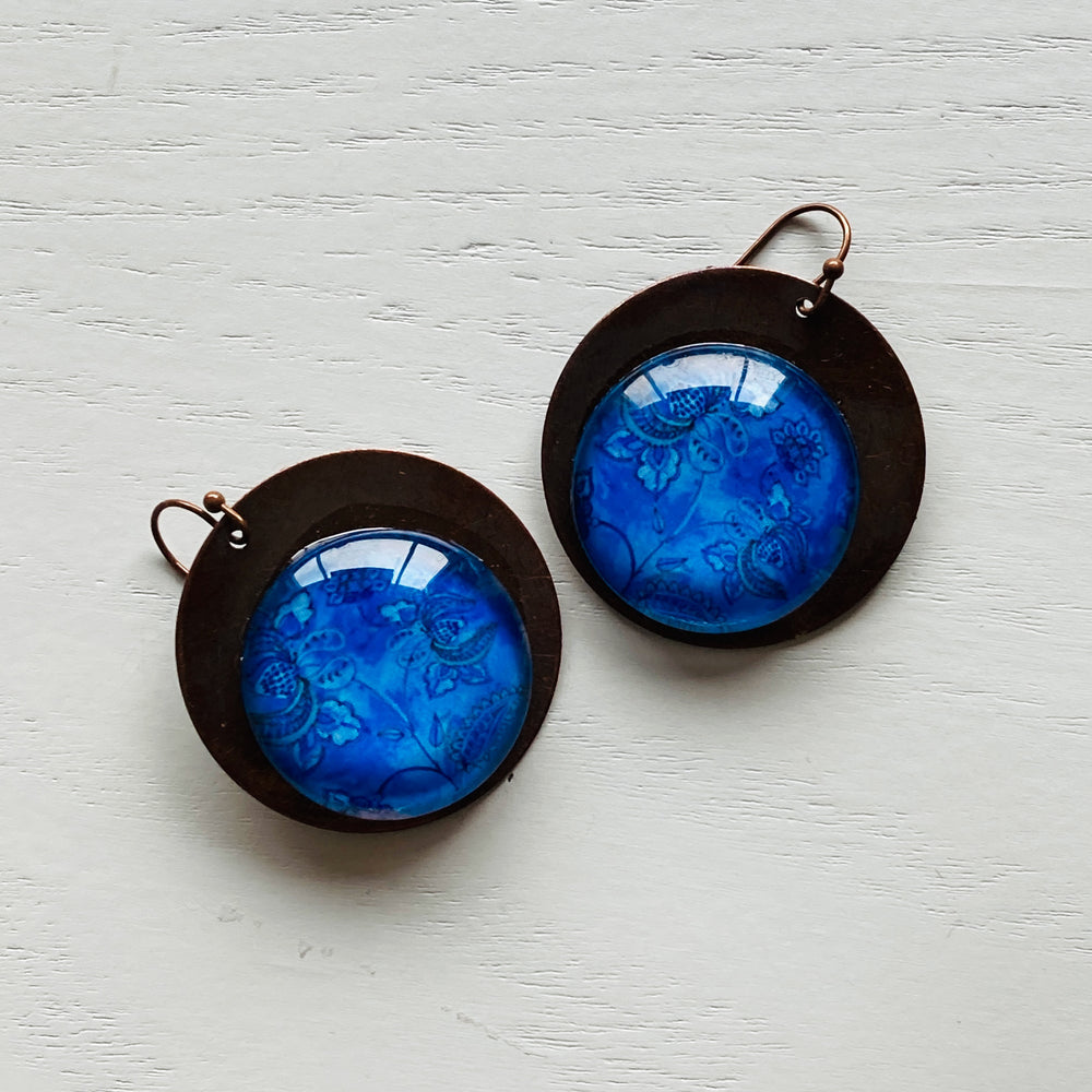 Round Copper Earrings with Glass - Mughal Flowers