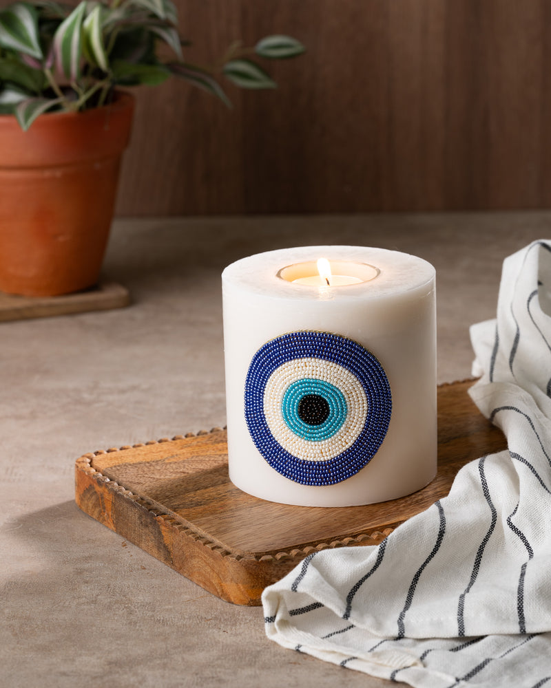 Evil Eye Candle With Embroidered Motif - Blue