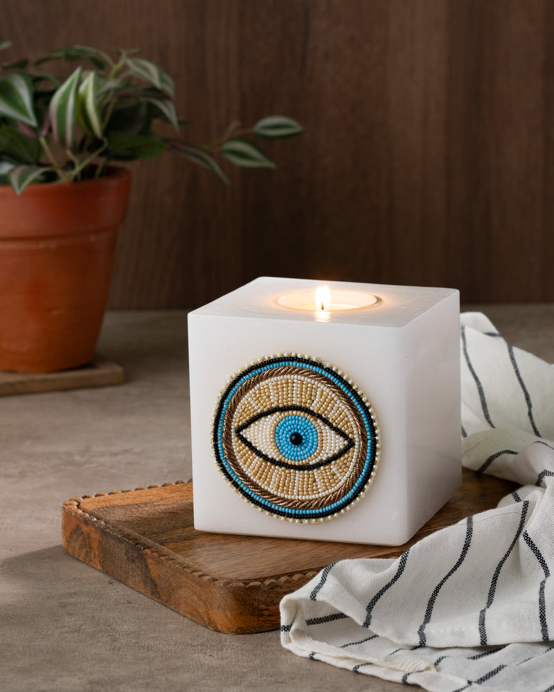 Evil Eye Candle With Embroidered Motif - Yellow