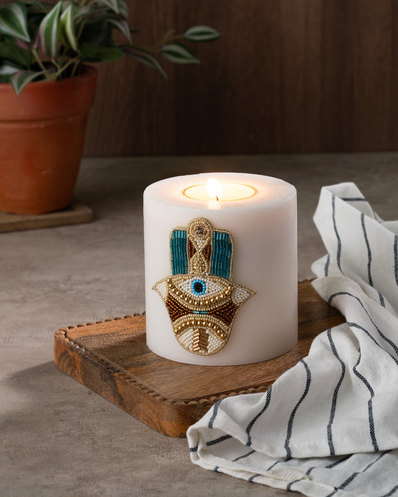 Evil Eye Candle with Embroidered Hamza Hand Motif