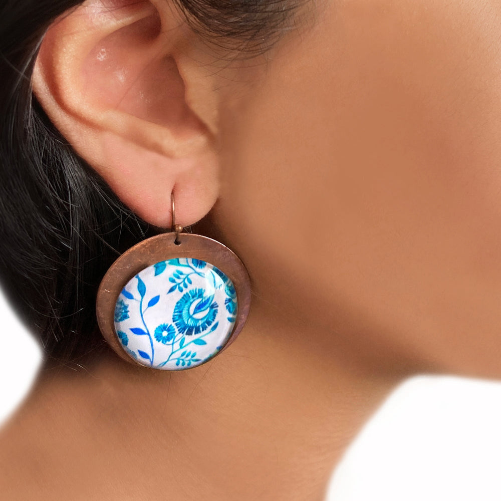 Round Copper Earrings with Glass - Chintz