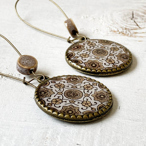 Hoop Earrings  with ceramic bead - Ajrakh, Block Print, Brown, Gujarat