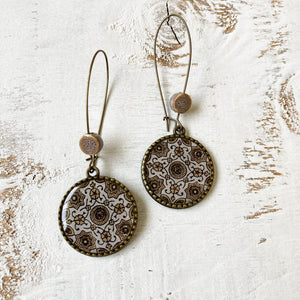 Hoop Earrings  with ceramic bead - Ajrakh, Block Print, Brown, Gujarat