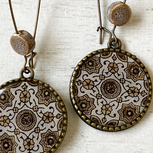 Hoop Earrings  with ceramic bead - Ajrakh, Block Print, Brown, Gujarat