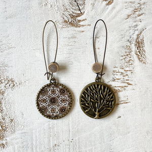 Hoop Earrings  with ceramic bead - Ajrakh, Block Print, Brown, Gujarat