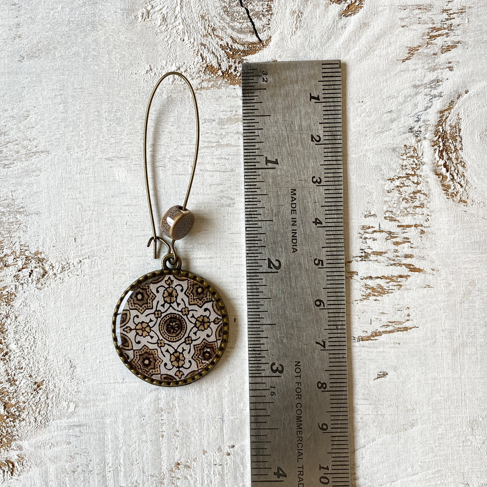 Hoop Earrings  with ceramic bead - Ajrakh, Block Print, Brown, Gujarat