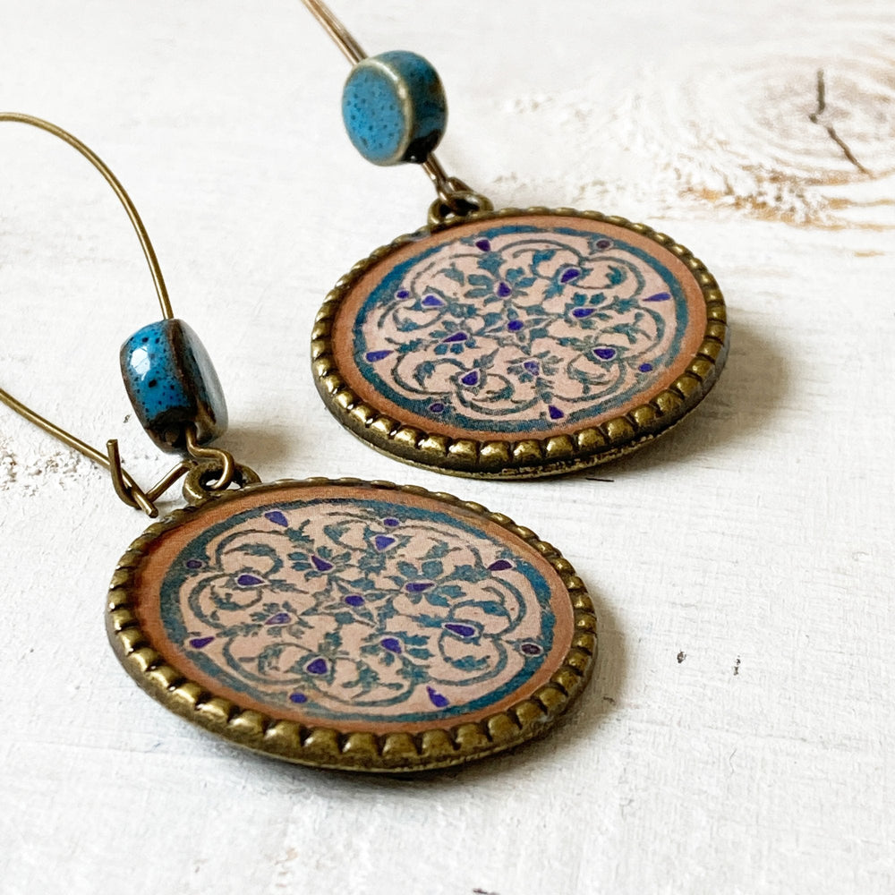 Hoop Earrings with ceramic bead - Turquois Inlaid Medallion, Jahangir Mahal, Orchcha