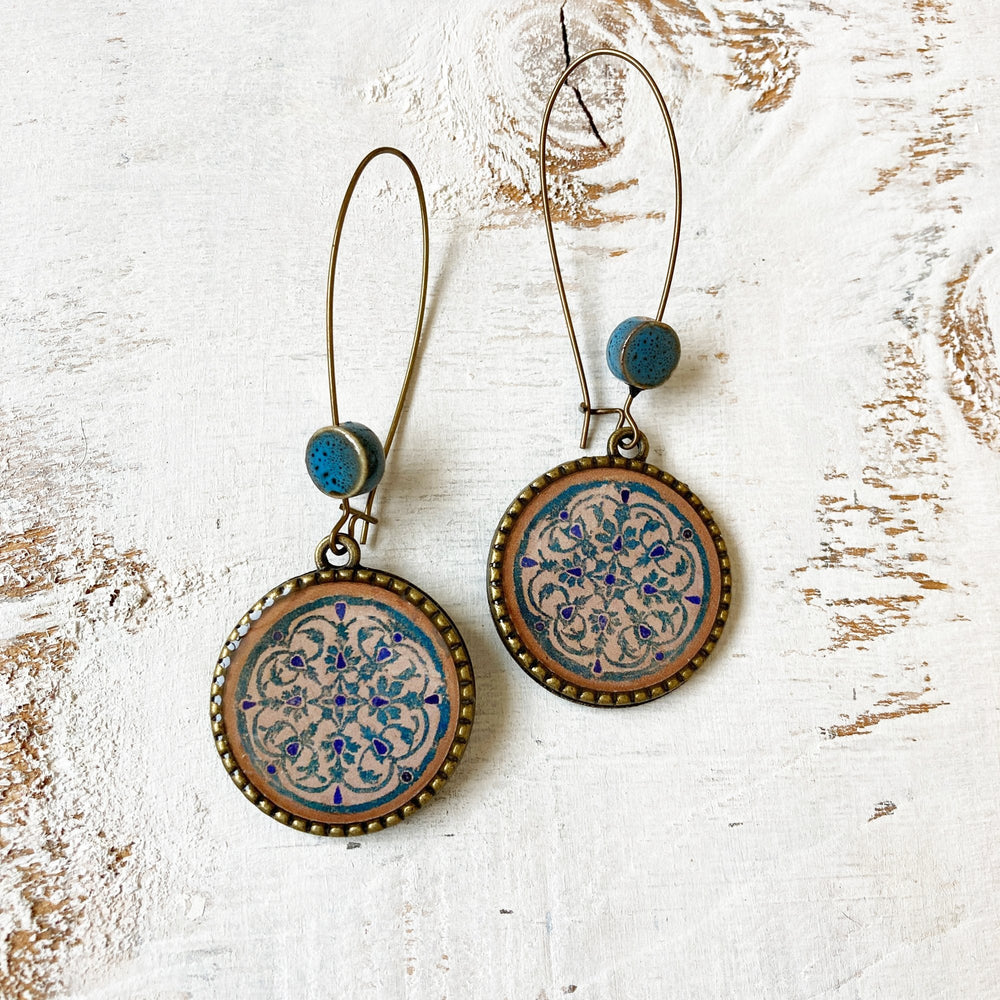 Hoop Earrings with ceramic bead - Turquois Inlaid Medallion, Jahangir Mahal, Orchcha