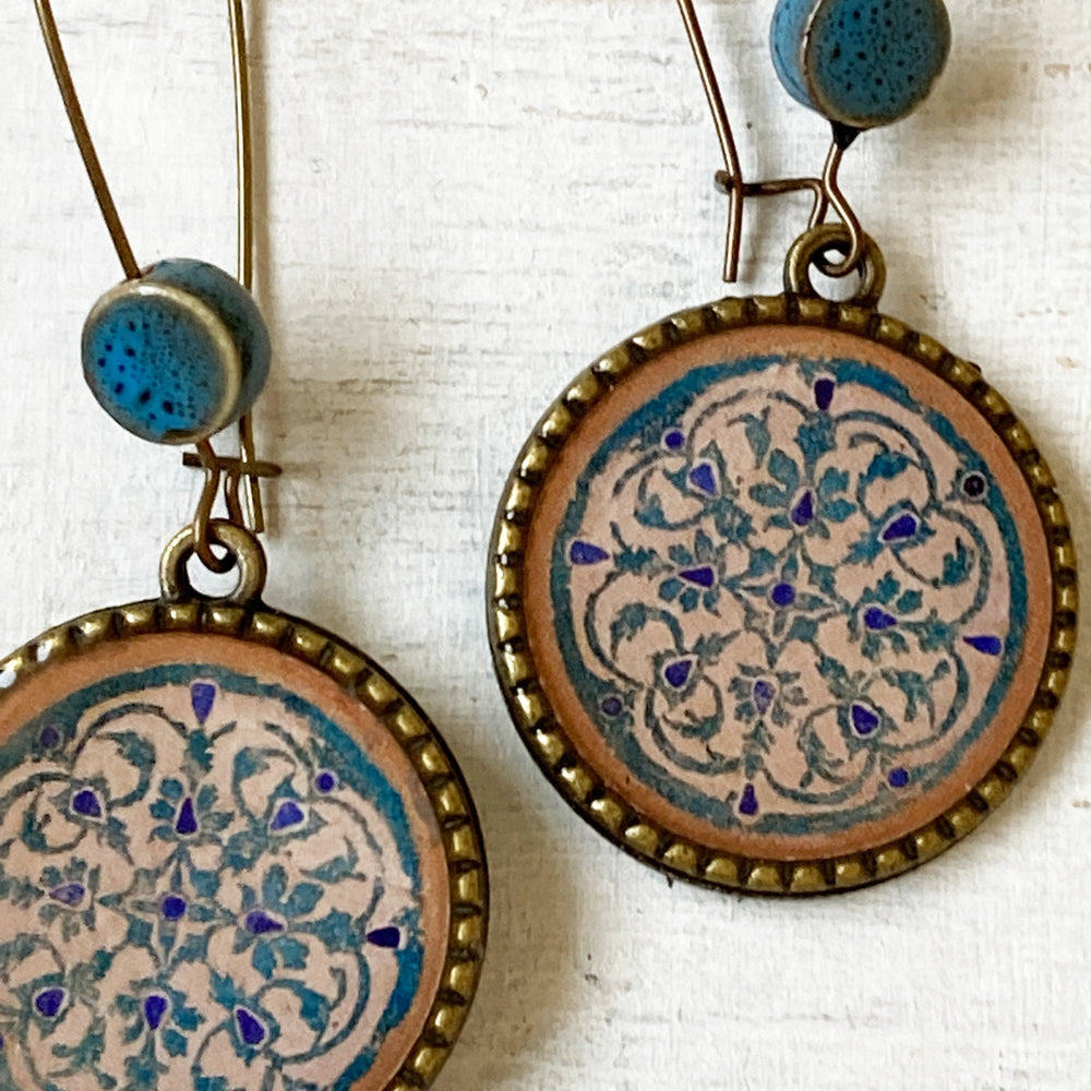 Hoop Earrings with ceramic bead - Turquois Inlaid Medallion, Jahangir Mahal, Orchcha